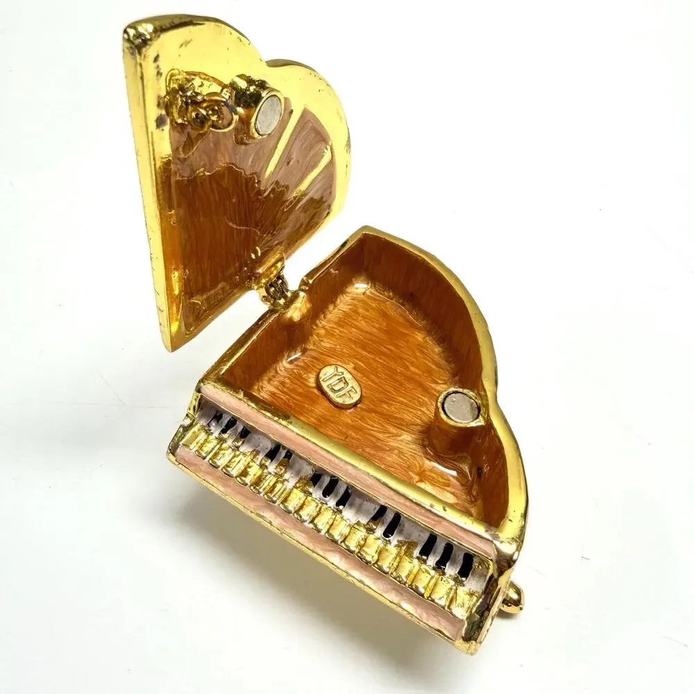 Vintage Grand Piano Metal Enameled Faux Crystal Trinket Box